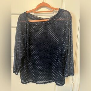 Matrushka Construction Sheer Mesh 3/4 Sleeve Navy Blue White Polka Dot Shirt XL?